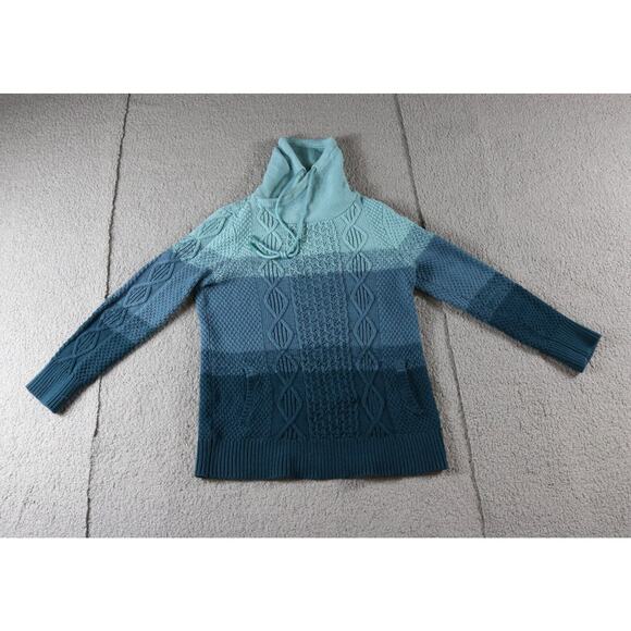 LL Bean Sweater Womens S Green Striped Double L Mixed Cable Knit Funnel Neck - Picture 2 of 5